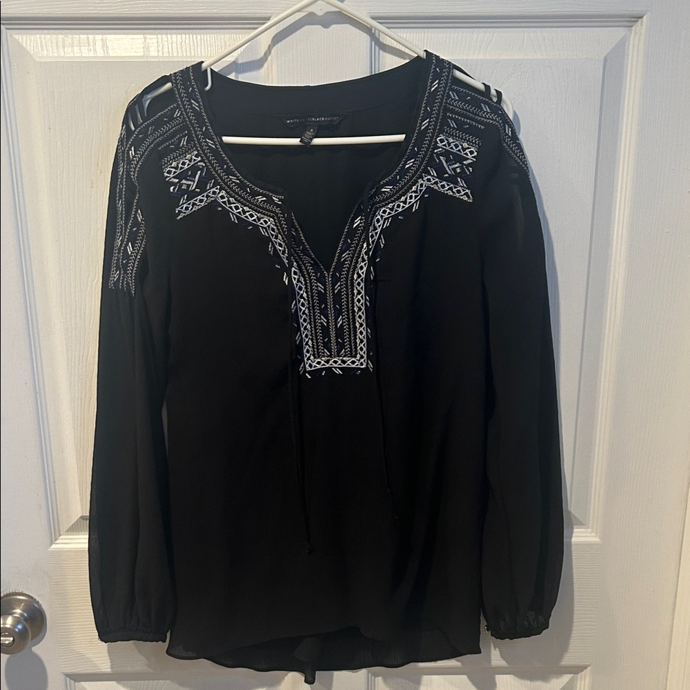 White House Black Market Black Blouse with Embroidery